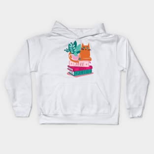 One more chapter // spot // pastel pink background orange tabby cat striped mug with plants orange teal and yellow books with quote Kids Hoodie